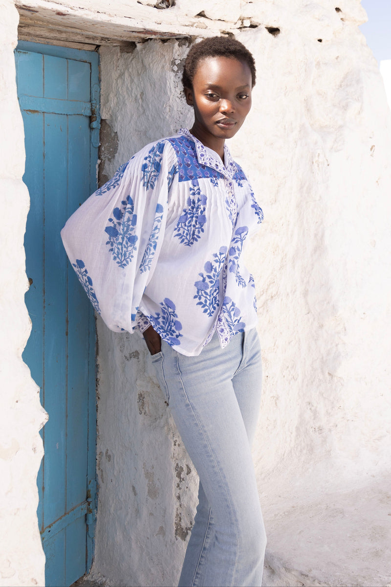 Mandarin Pintuck Blouse- Salvia Blue