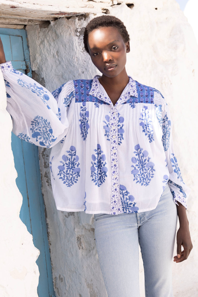 Mandarin Pintuck Blouse- Salvia Blue