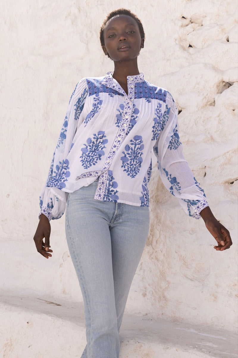 Mandarin Pintuck Blouse- Salvia Blue