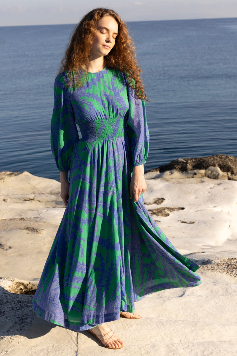 Crew Neck Smocked Waist Maxi- Thistle Green