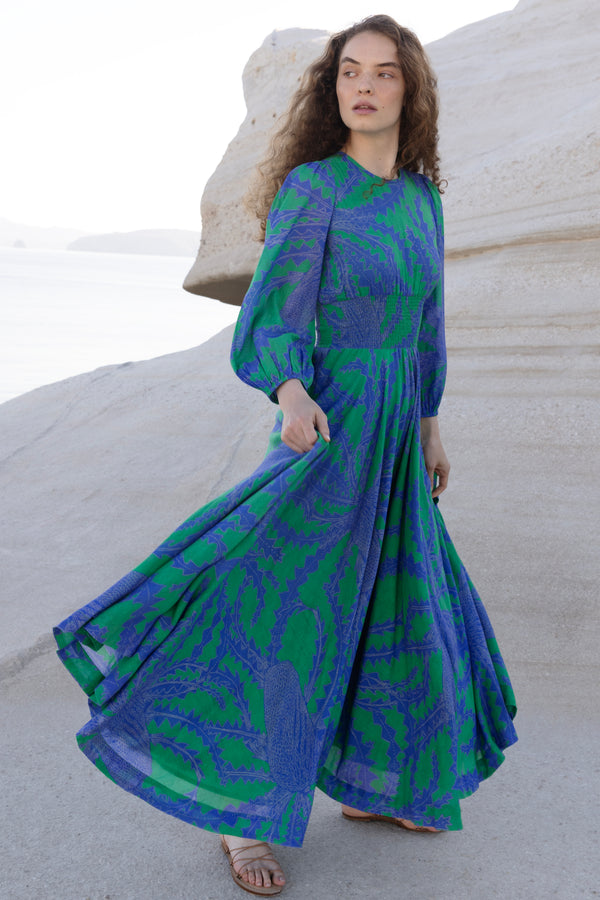 Crew Neck Smocked Waist Maxi- Thistle Green