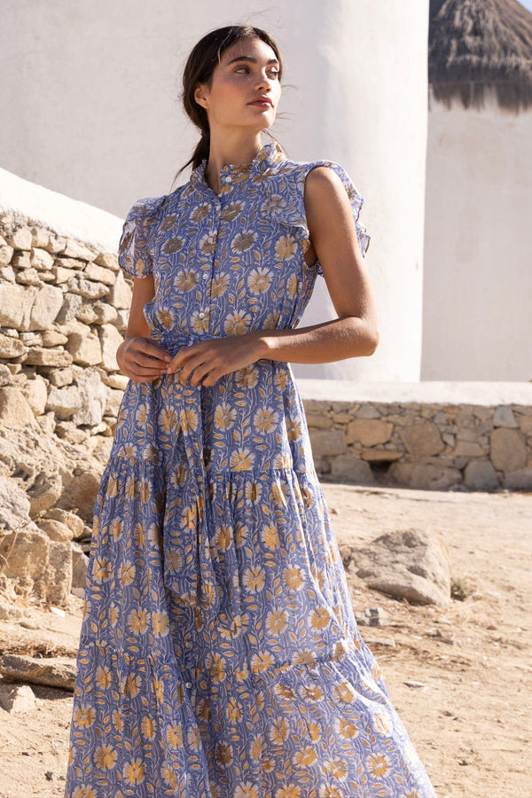 Ruffle Collar Button Maxi- Mughal Blue