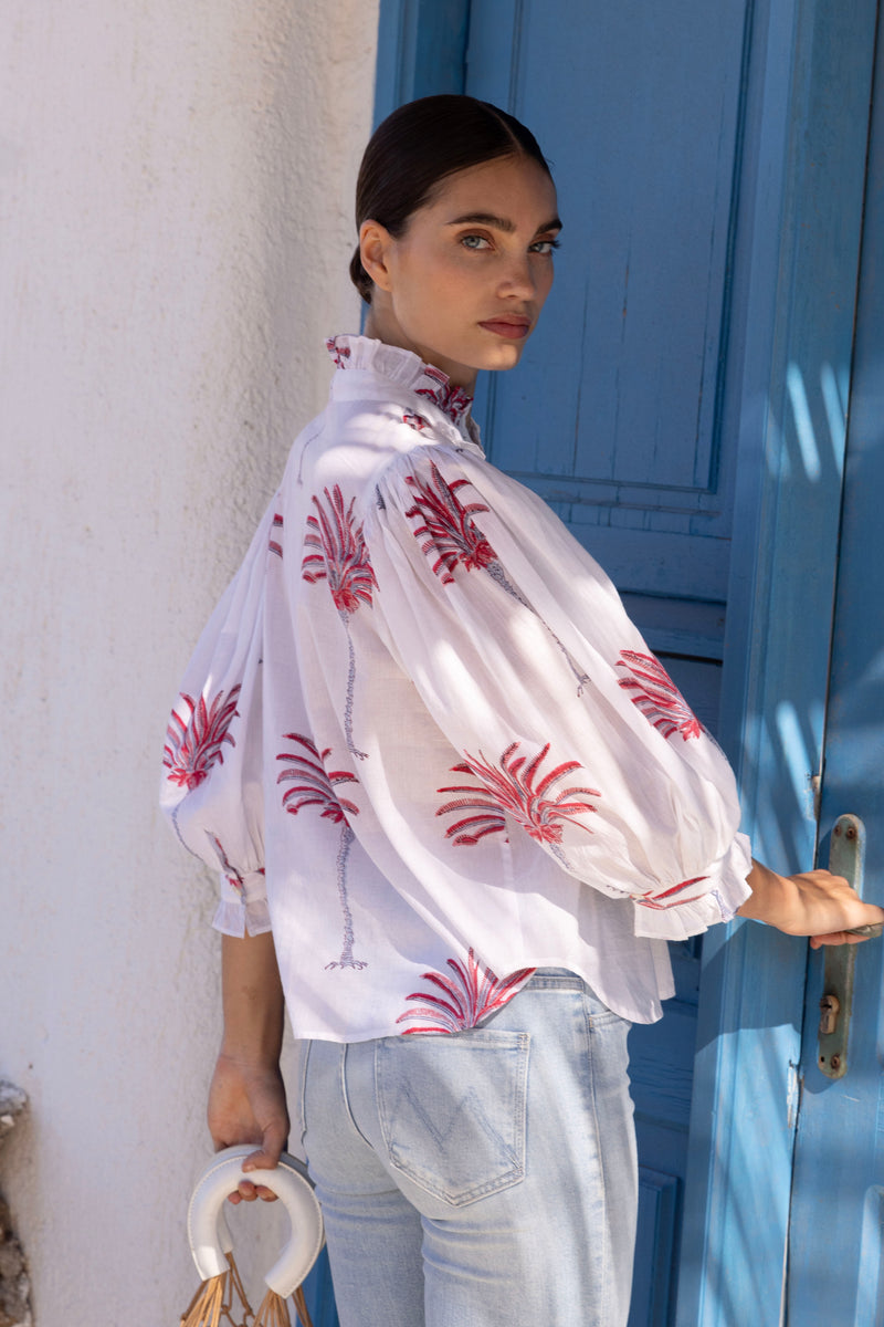 Ruffle Front Button Blouse- Canary Coral