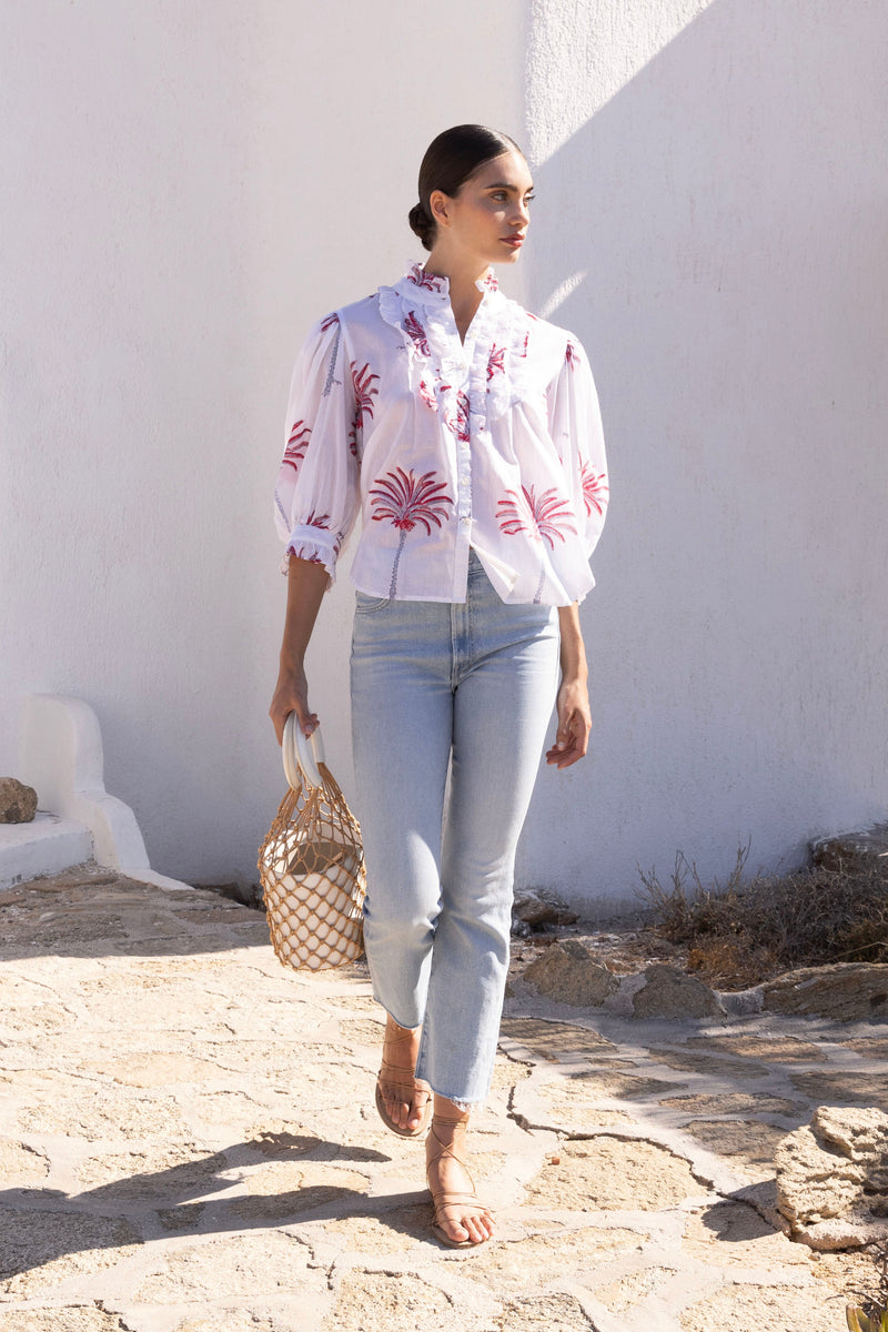 Ruffle Front Button Blouse- Canary Coral