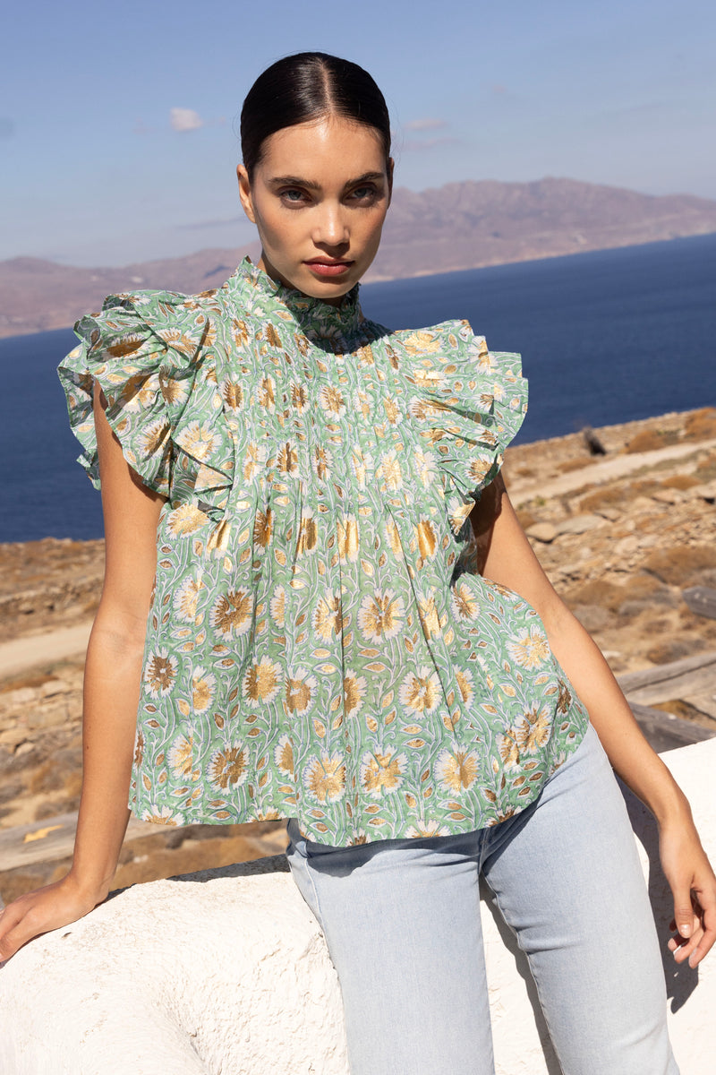 Pintuck Ruffle Top- Mughal Green