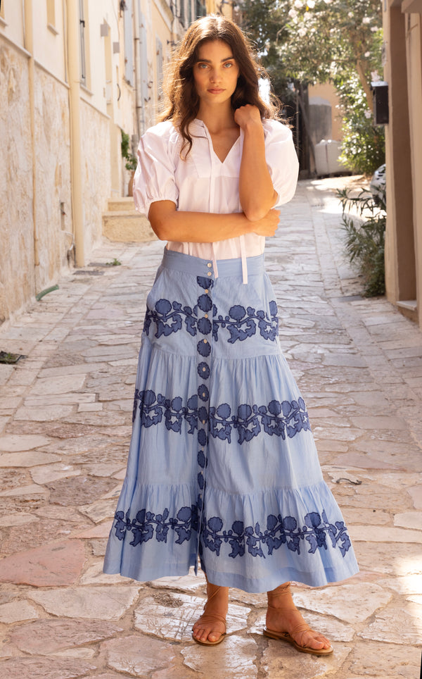 Button Front Skirt- Tangier Blue