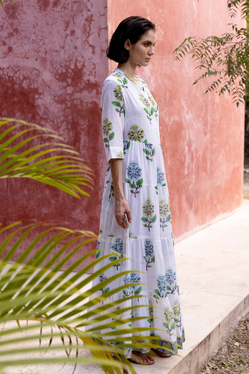 Button Neck 3/4 Sleeve Maxi- Puglia Lime