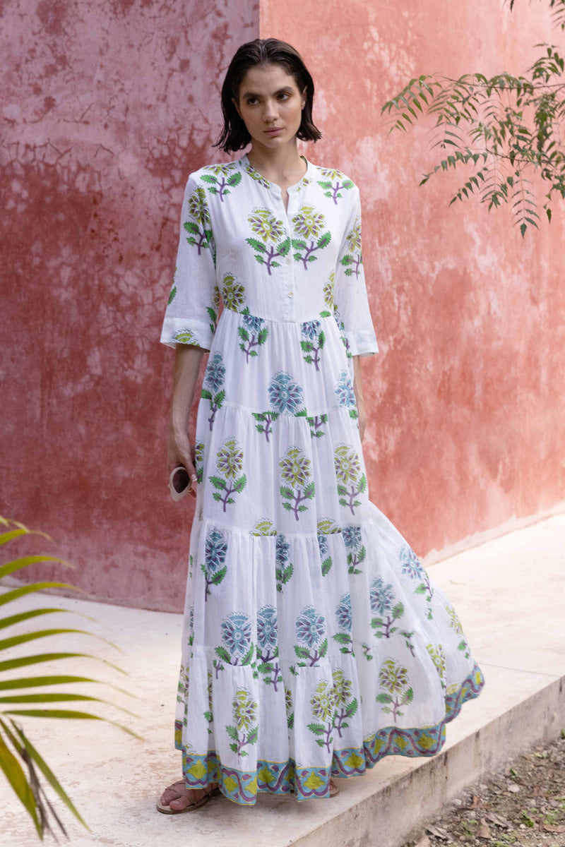 Button Neck 3/4 Sleeve Maxi- Puglia Lime