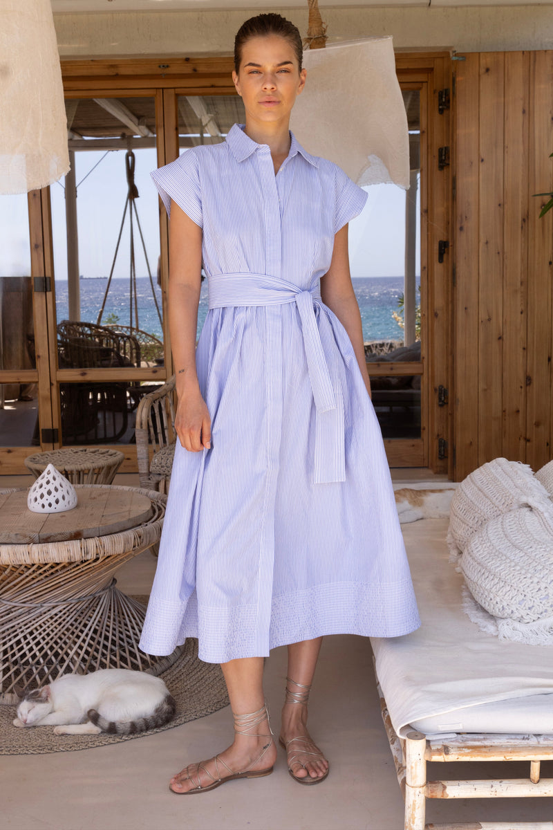 Belted Shirt Dress- Chatham Blue