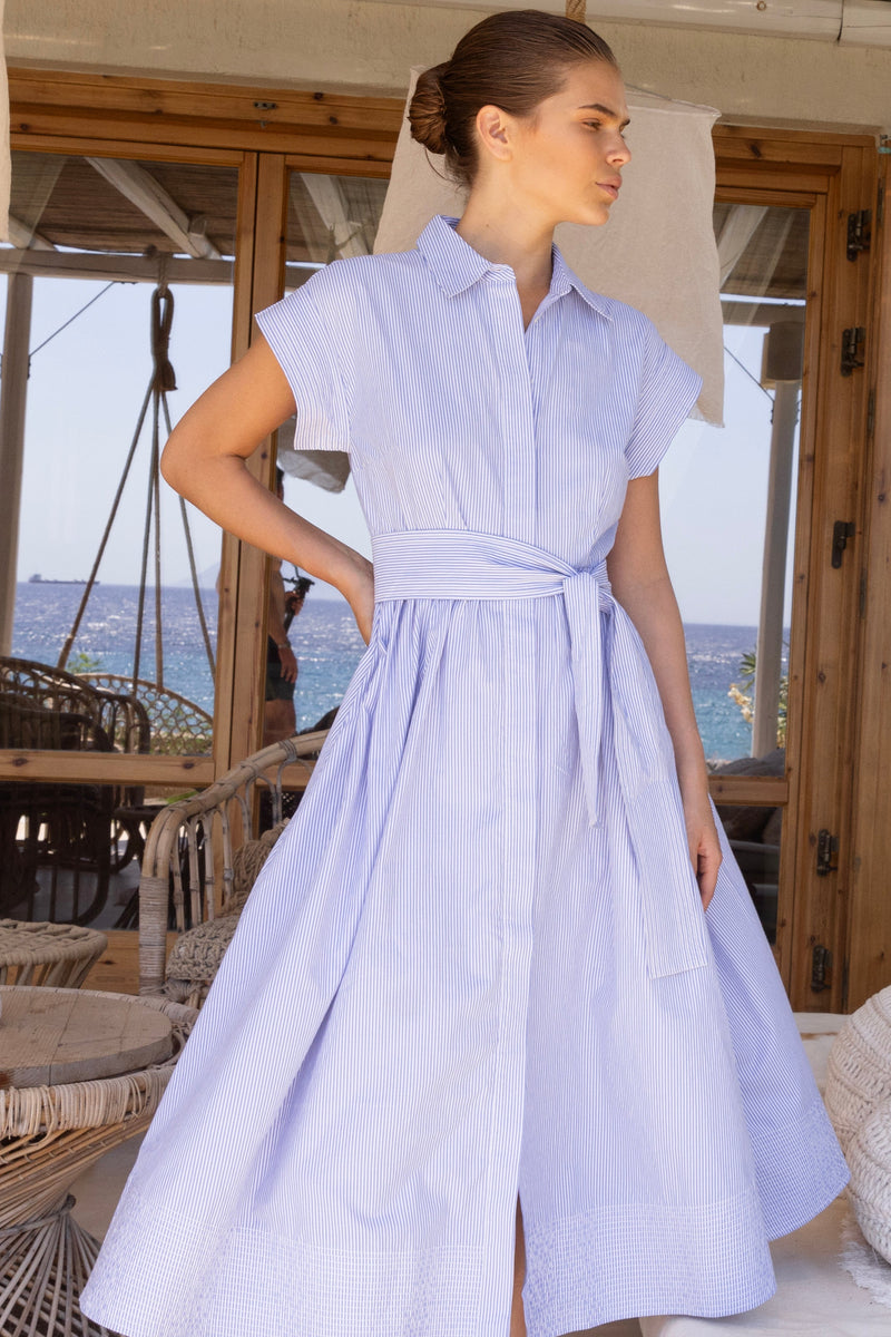 Belted Shirt Dress- Chatham Blue