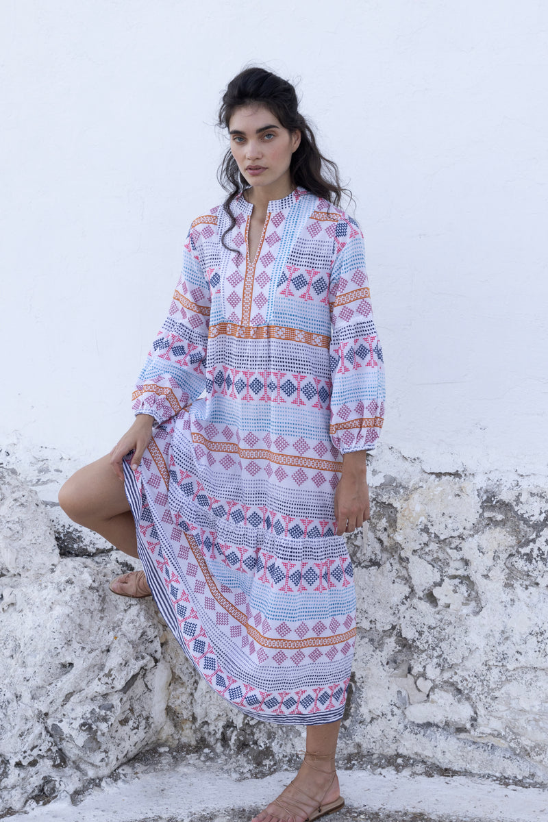 Long Sleeve Yoke Maxi- Casablanca Multi