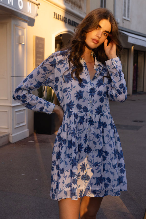 Long Sleeve Shirt Dress Mini- Marion Blue