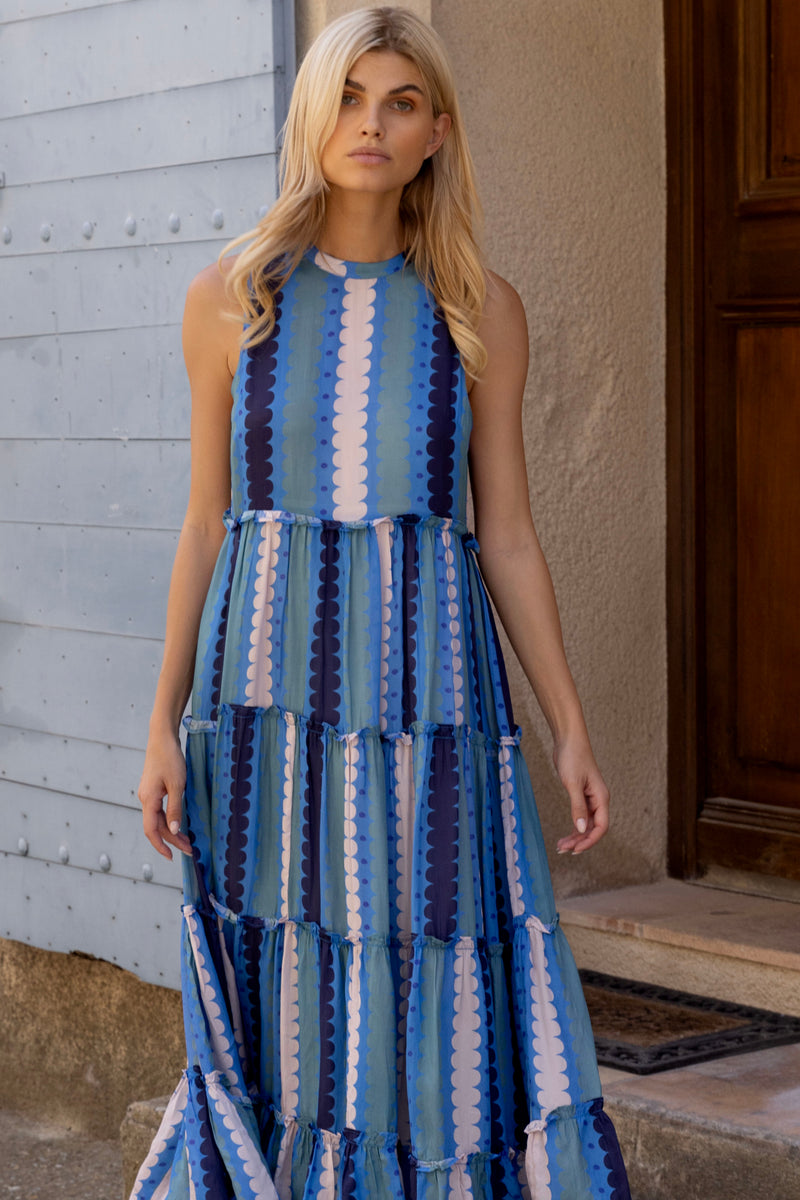 Ruffle Tiered Maxi- Meko Blue