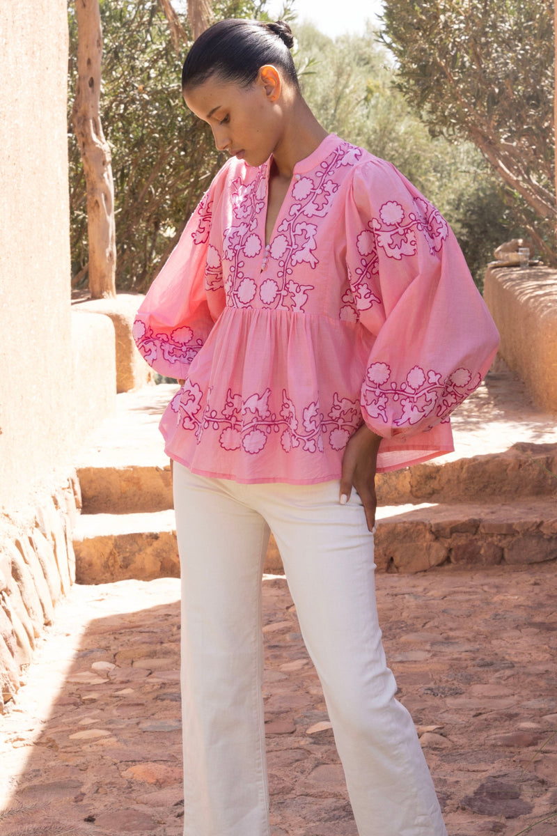 Mandarin Balloon Top- Tangier Pink