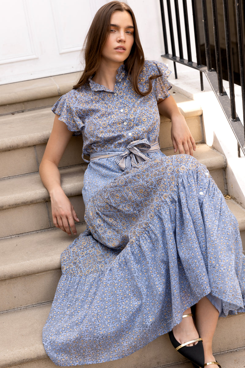 Ruffle Collar Button Maxi- Aspen Periwinkle