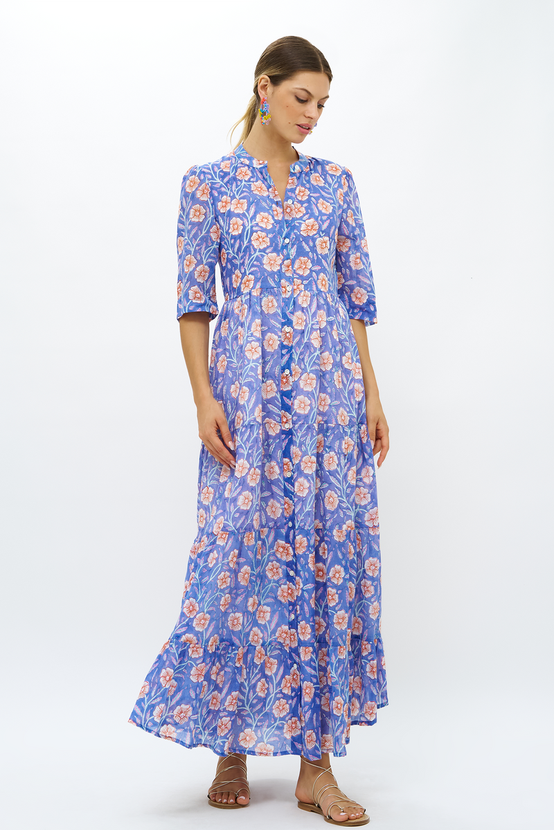 Button Neck 3/4 Sleeve Maxi- Amalfi Peri