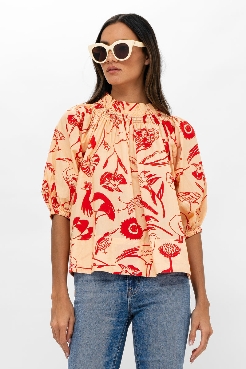 Smocked Neck Top- Audubon Red