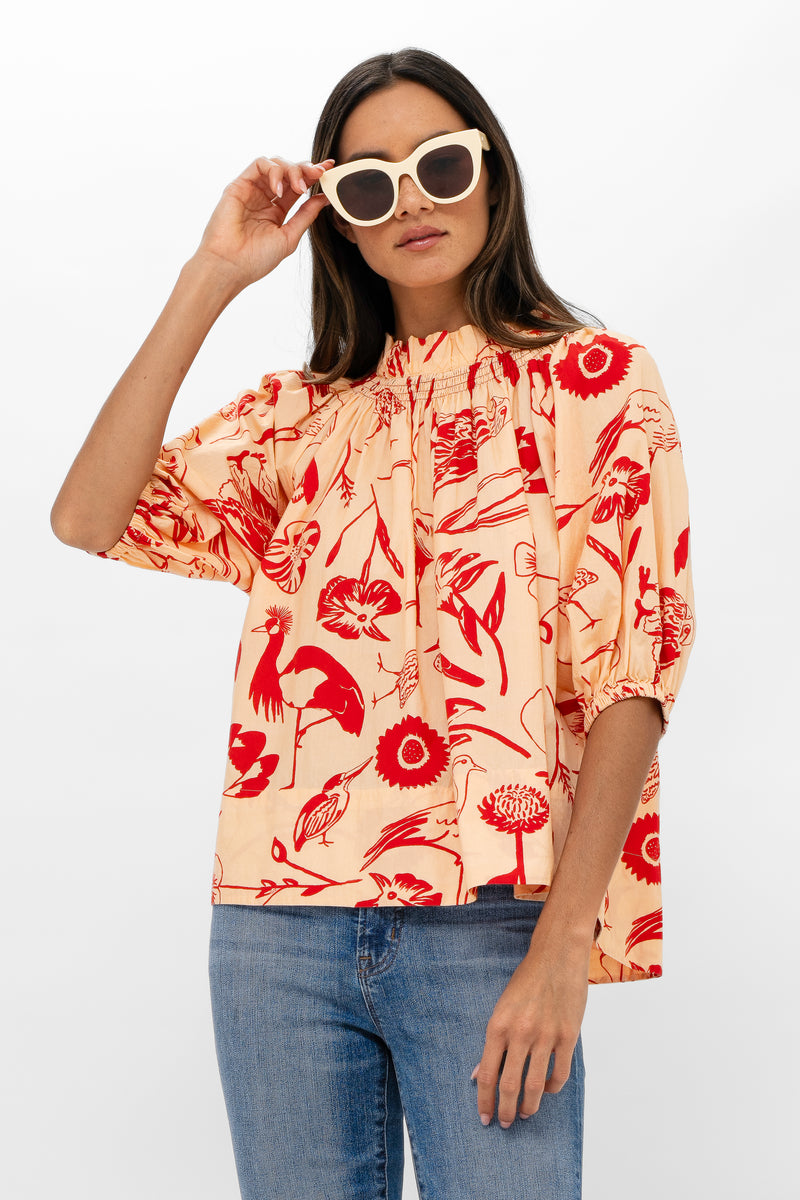 Smocked Neck Top- Audubon Red