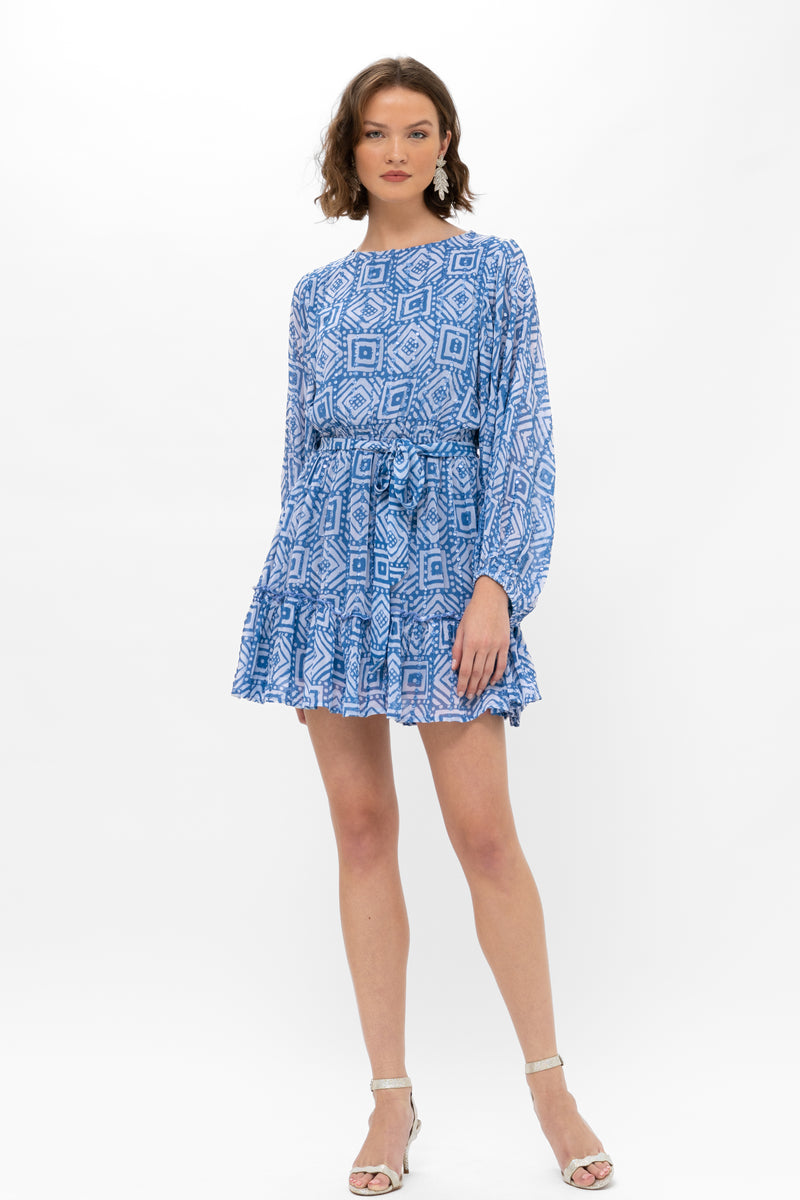 Long Sleeve Flirty Short Dress- Bali Blue