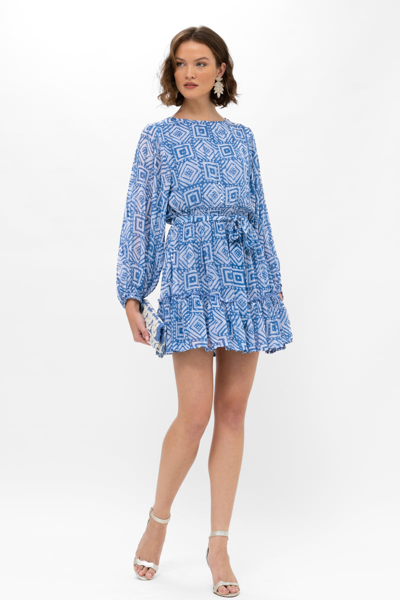 Long Sleeve Flirty Short Dress- Bali Blue