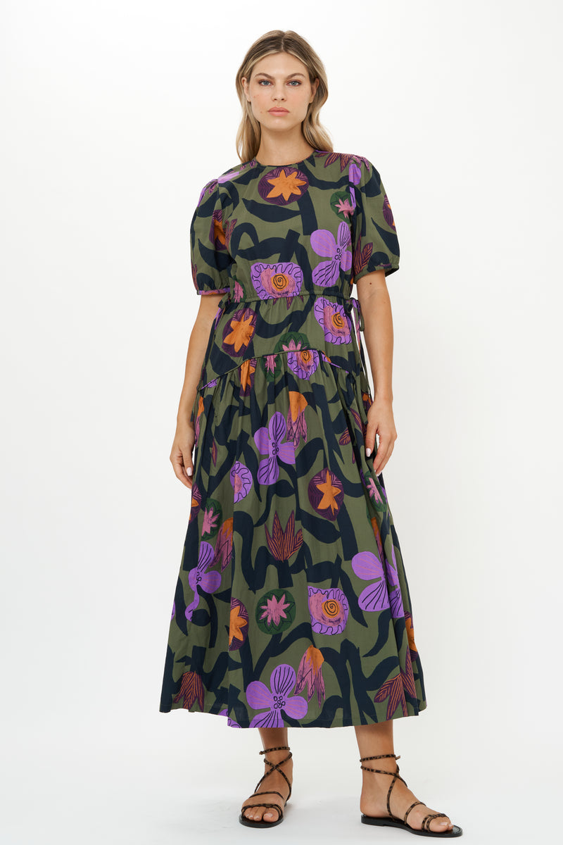 Puff Sleeve Piped Maxi- Bergen Olive