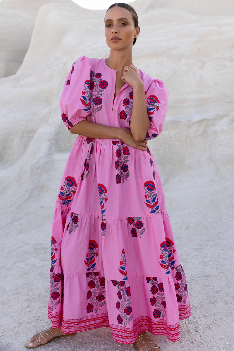 Puff Sleeve Maxi- Boca Pink