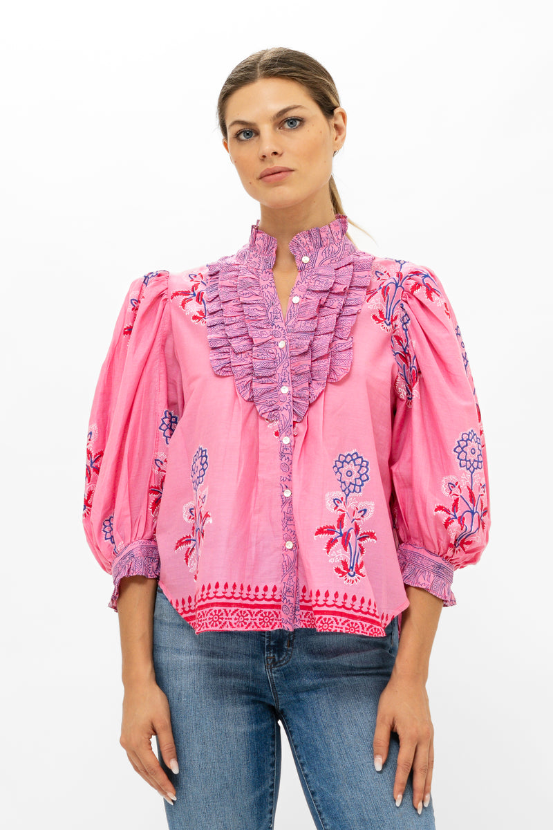 Ruffle Front Button Blouse- Boca Pink