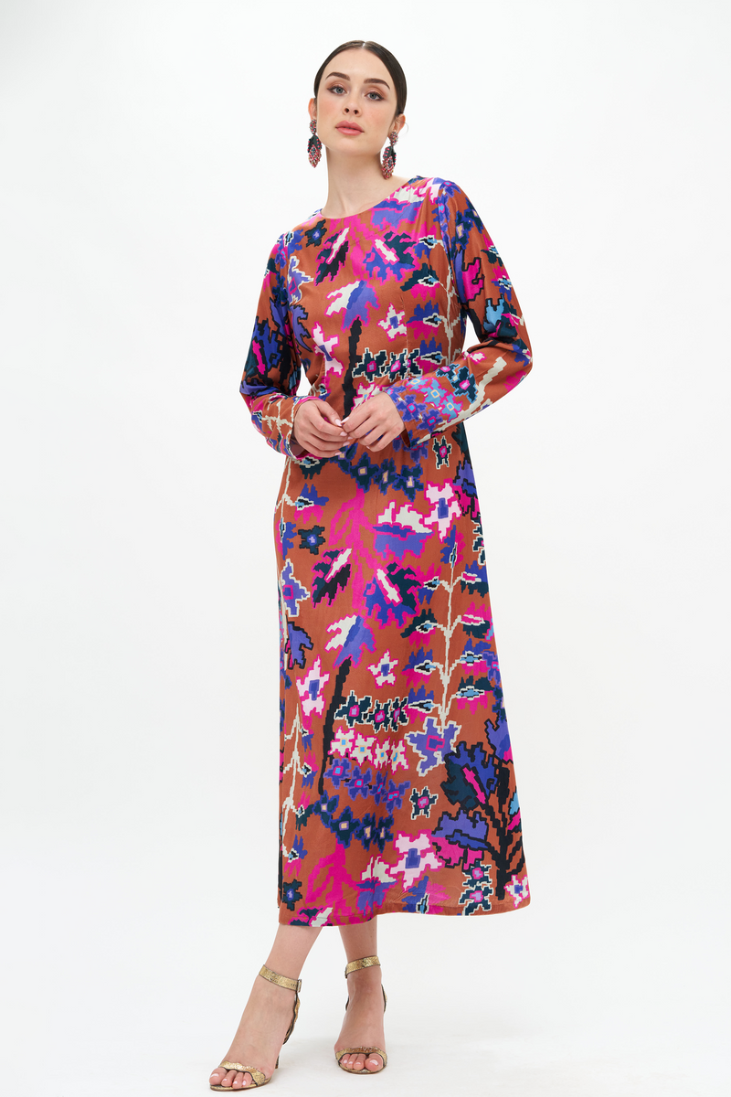 Long Sleeve Shift Dress Maxi- Bukhara Toffee