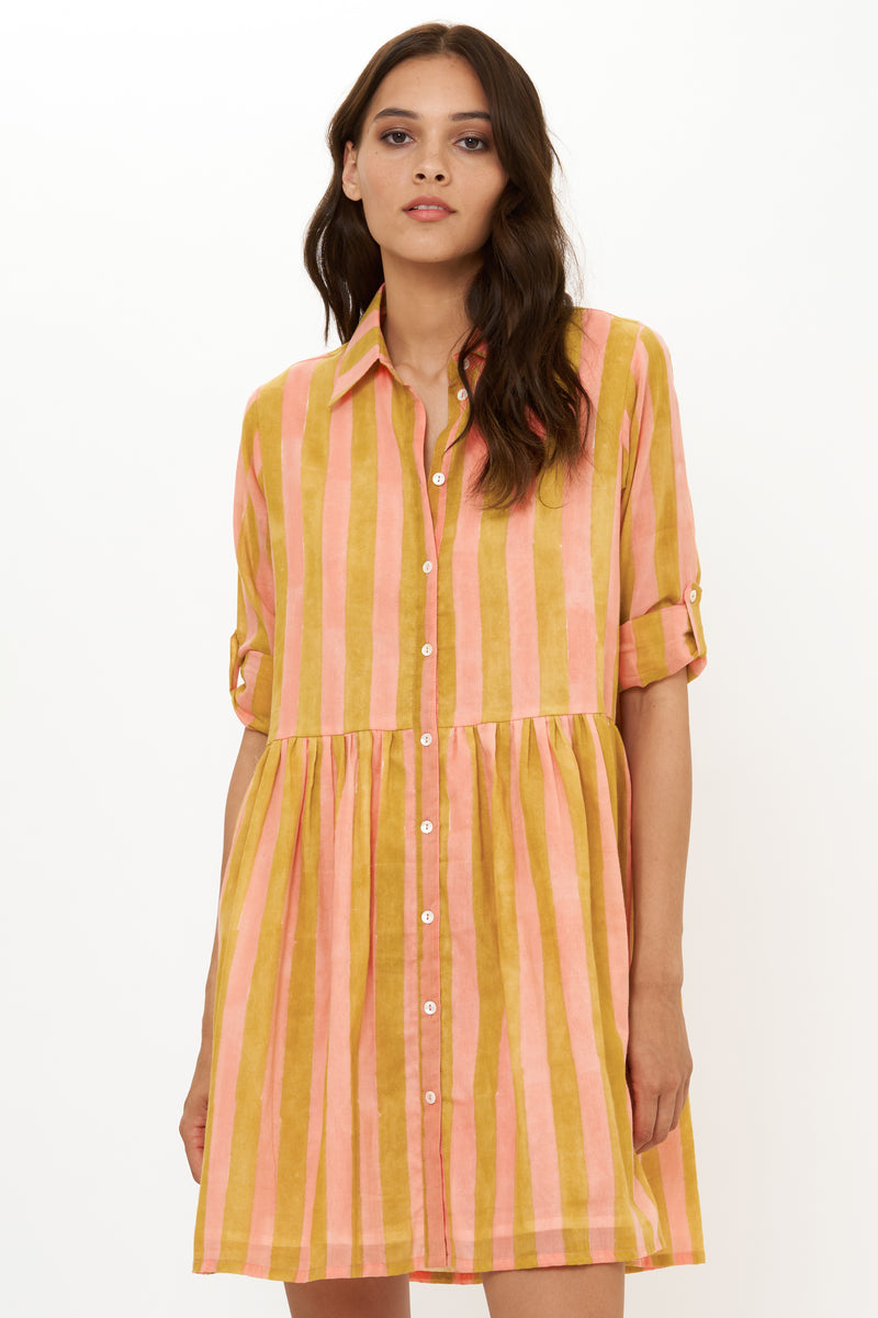 Long Sleeve Shirt Dress Mini- Cabana Coral