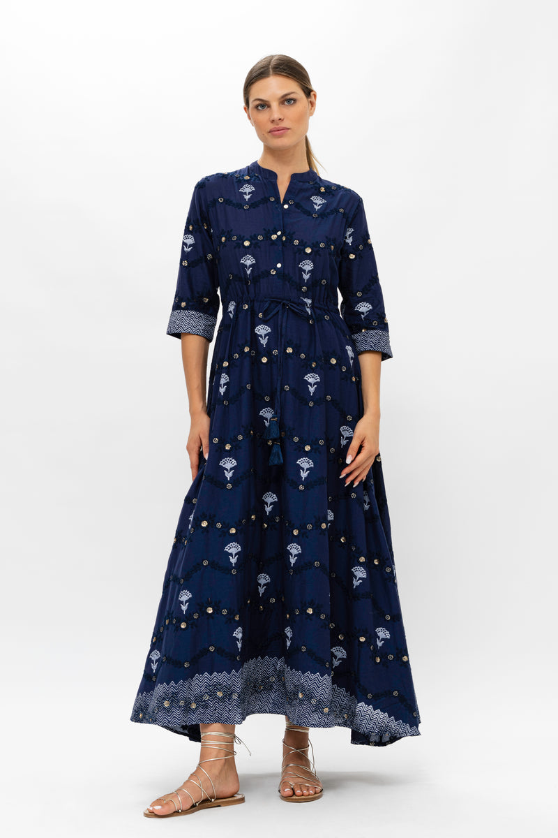 Cinched Shirt Dress Maxi- Camden Navy