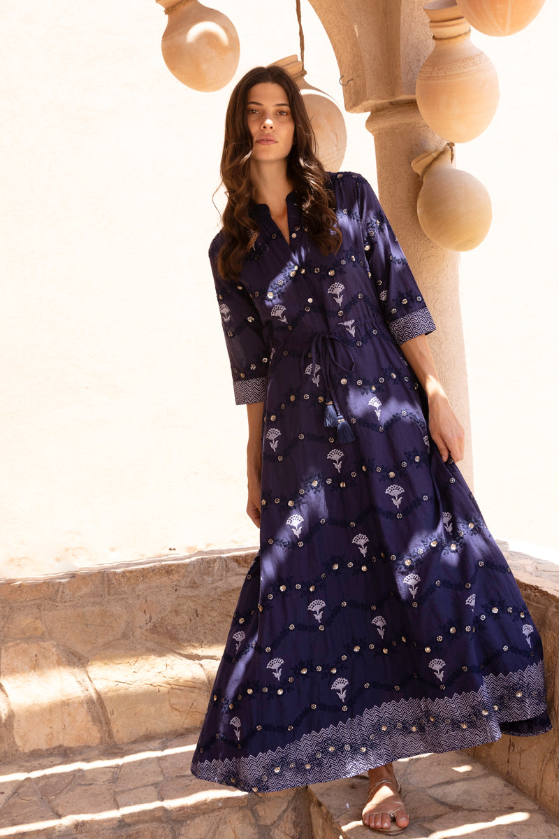 Cinched Shirt Dress Maxi- Camden Navy