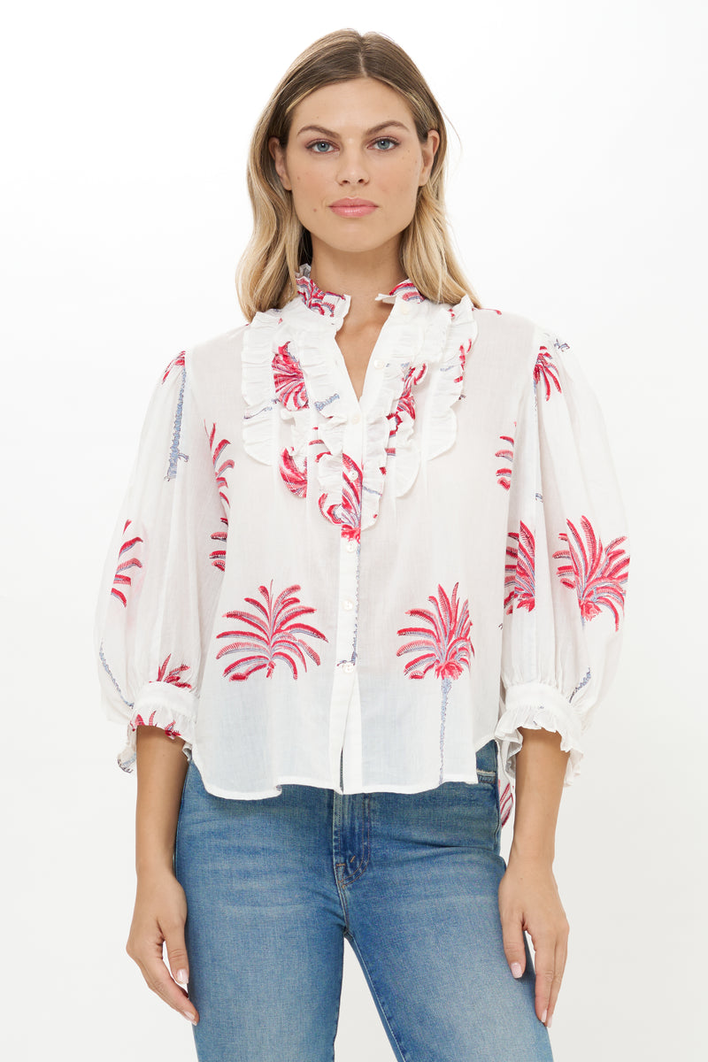 Ruffle Front Button Blouse- Canary Coral