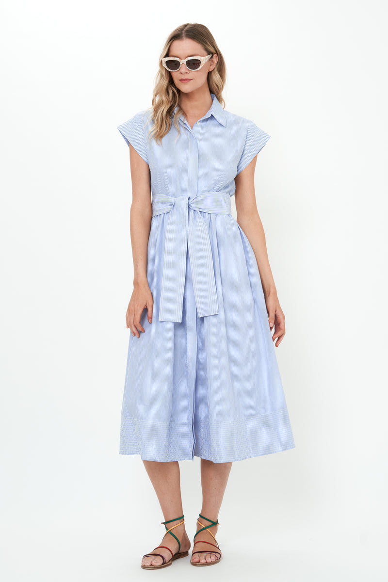 Belted Shirt Dress- Chatham Blue