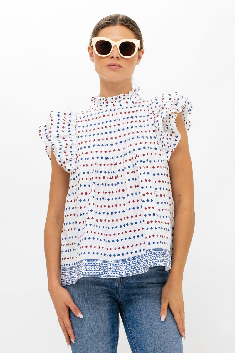 Pintuck Ruffle Top- Ellis Blue