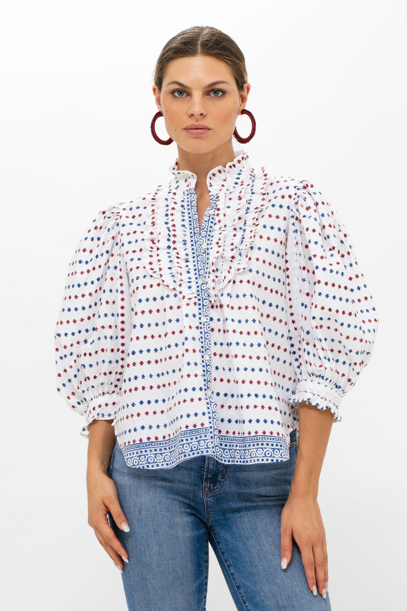 Ruffle Front Button Blouse- Ellis Blue