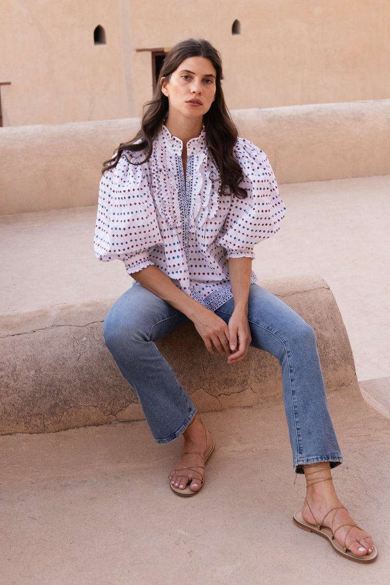 Ruffle Front Button Blouse- Ellis Blue