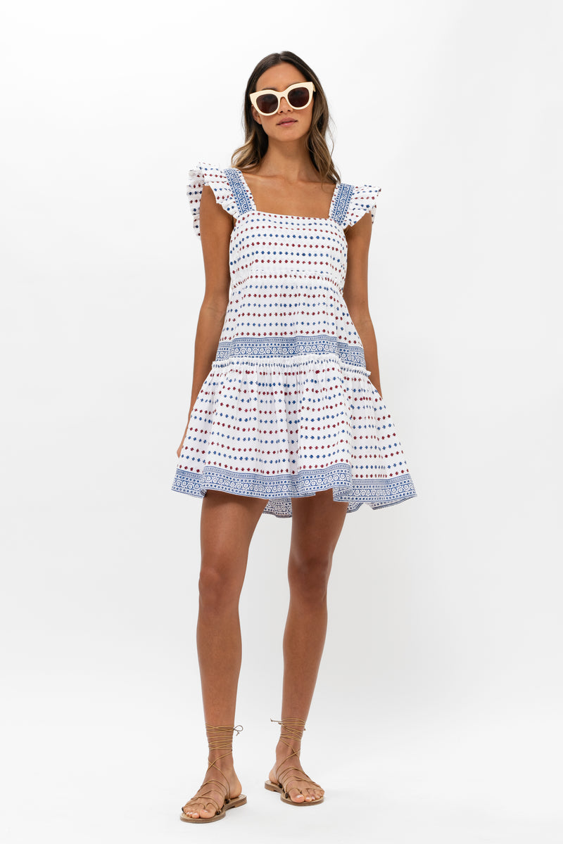 Smocked Square Neck Mini- Ellis Blue