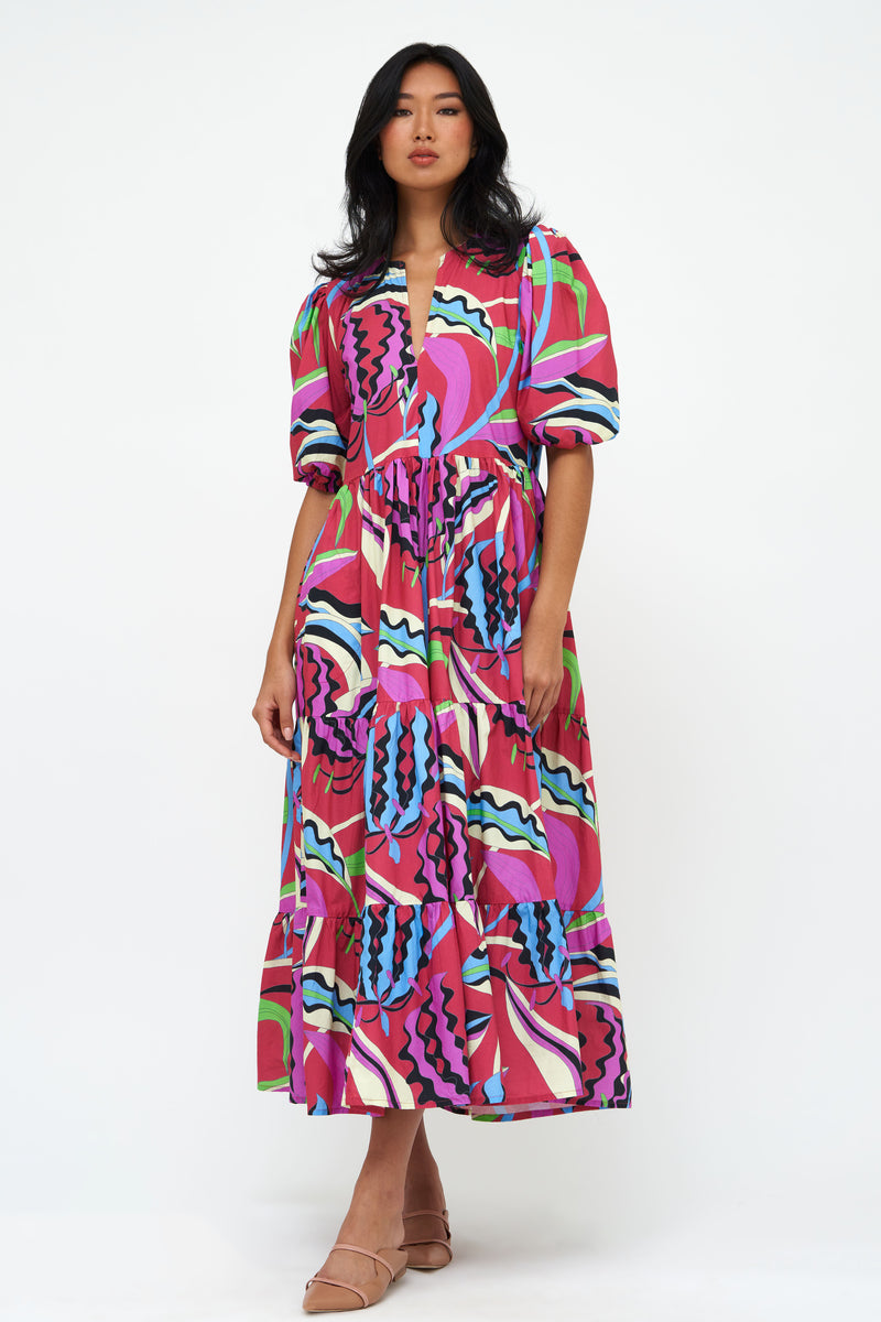 Puff Sleeve Maxi- Fergana Rhubarb