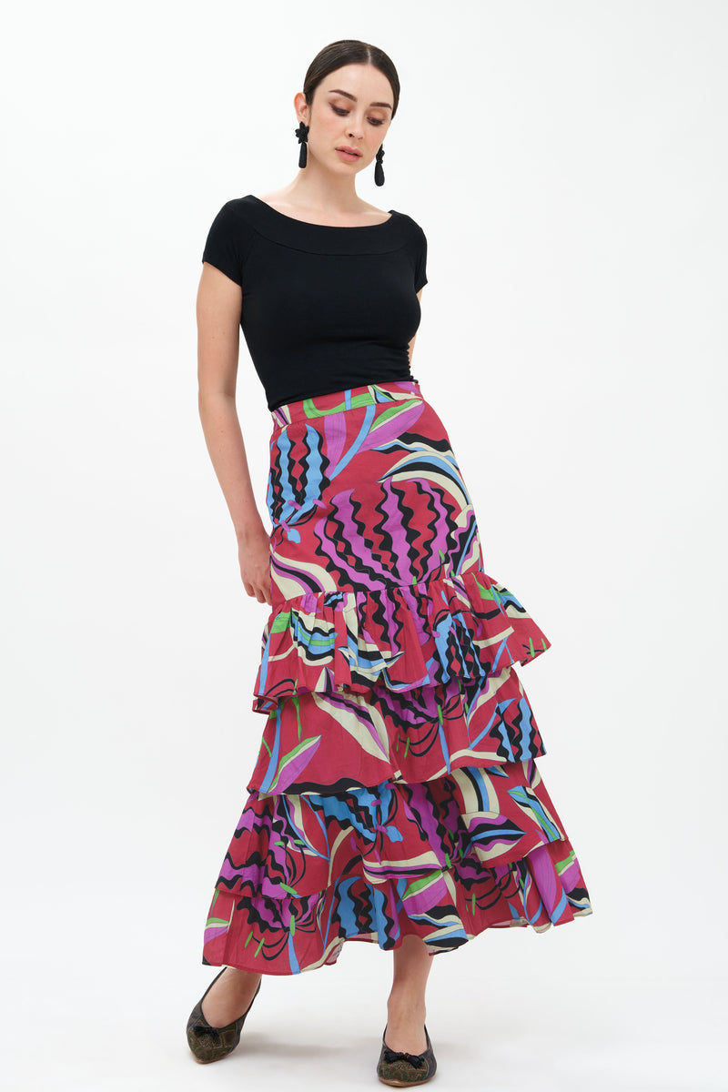 Ruffle Maxi Skirt- Fergana Rhubarb