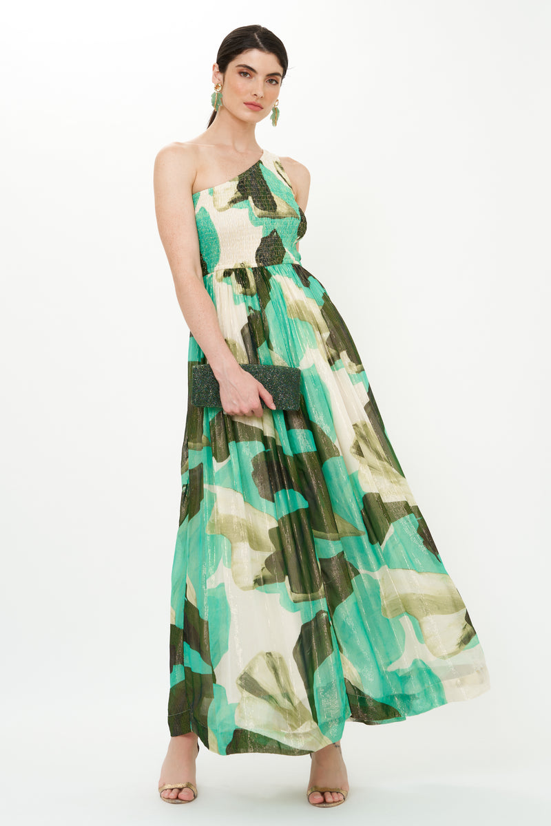 One Shoulder Smocked Maxi- Ginkgo Green