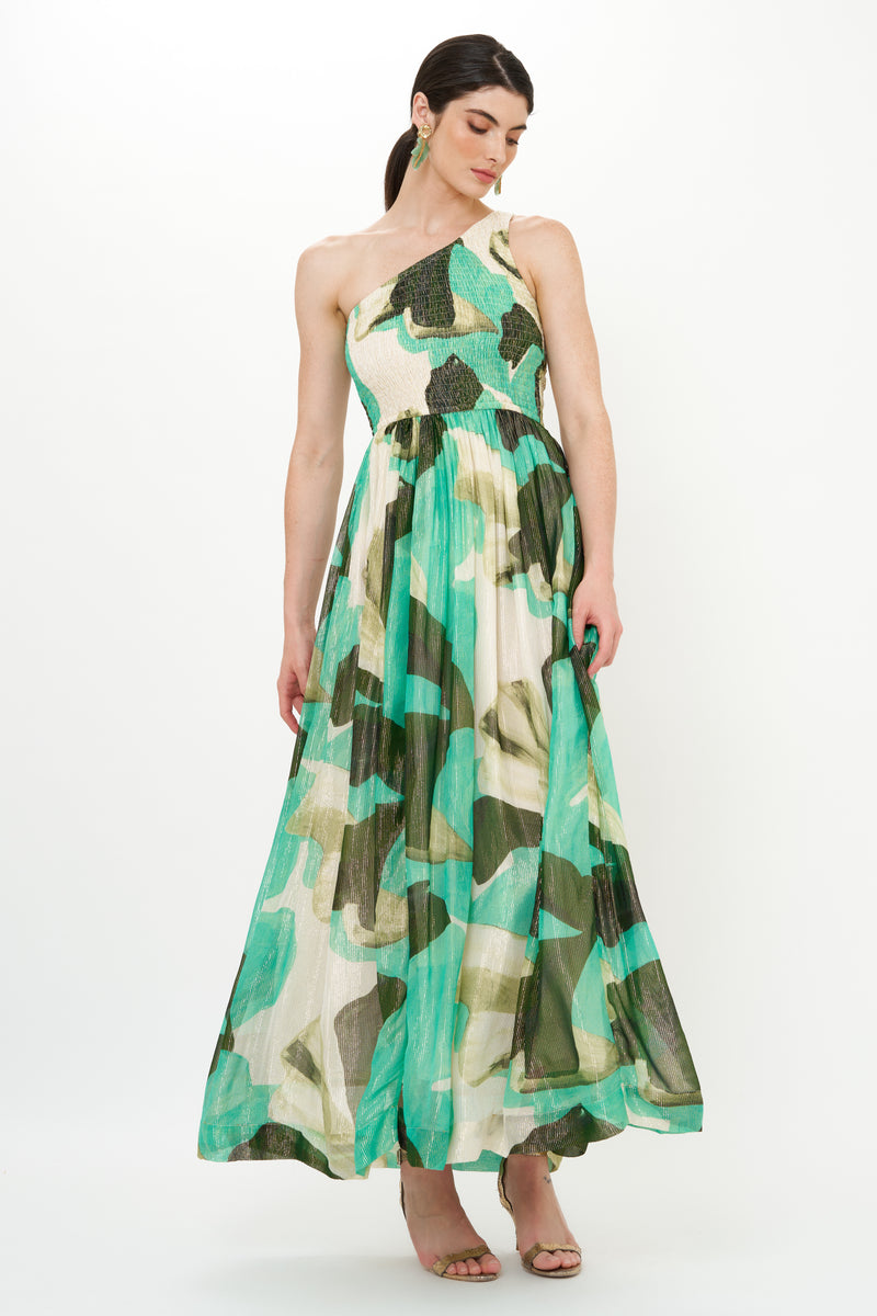 One Shoulder Smocked Maxi- Ginkgo Green