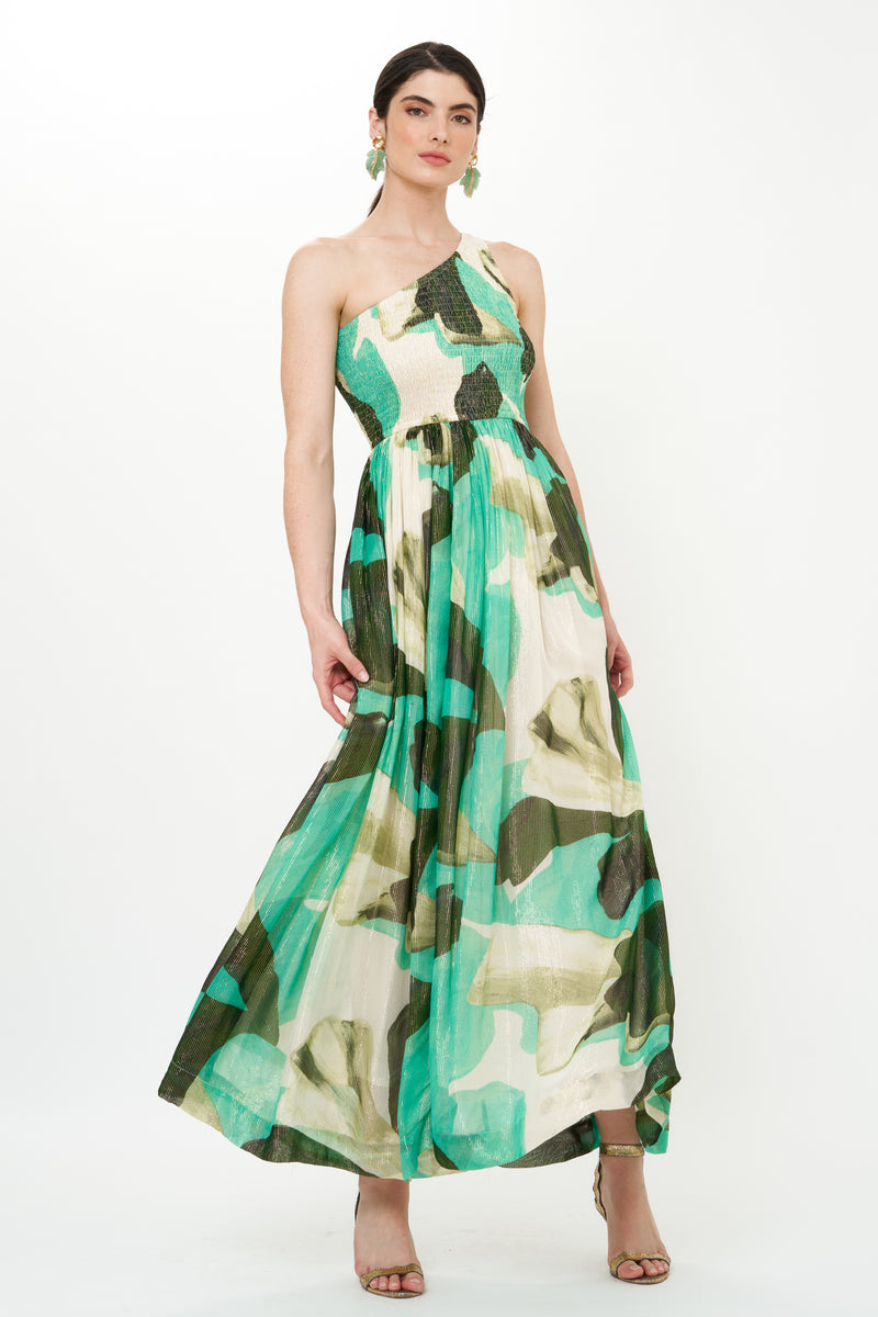 One Shoulder Smocked Maxi- Ginkgo Green