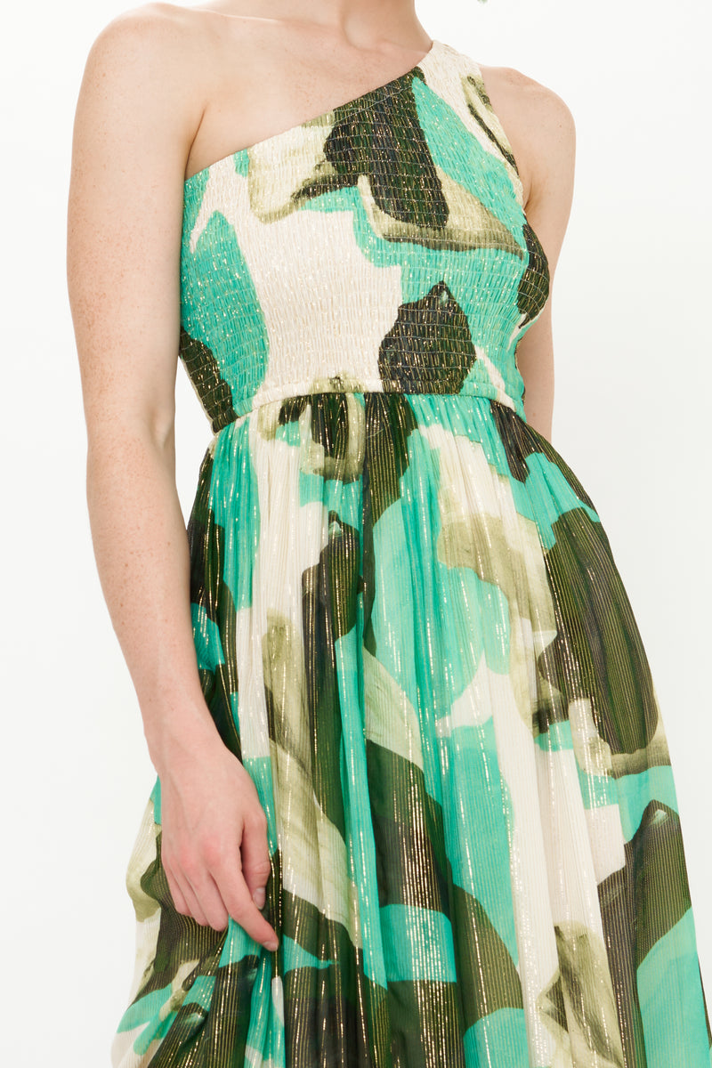 One Shoulder Smocked Maxi- Ginkgo Green