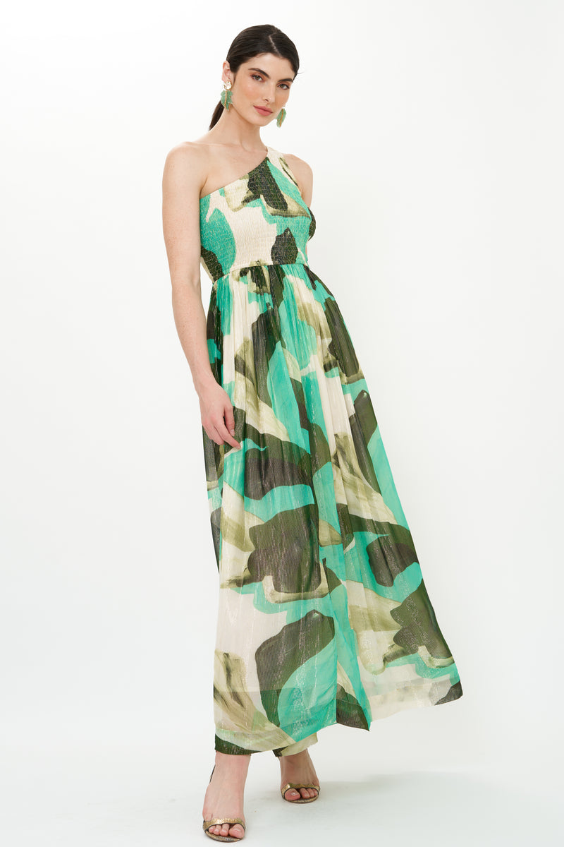 One Shoulder Smocked Maxi- Ginkgo Green