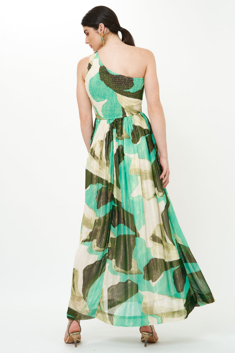 One Shoulder Smocked Maxi- Ginkgo Green