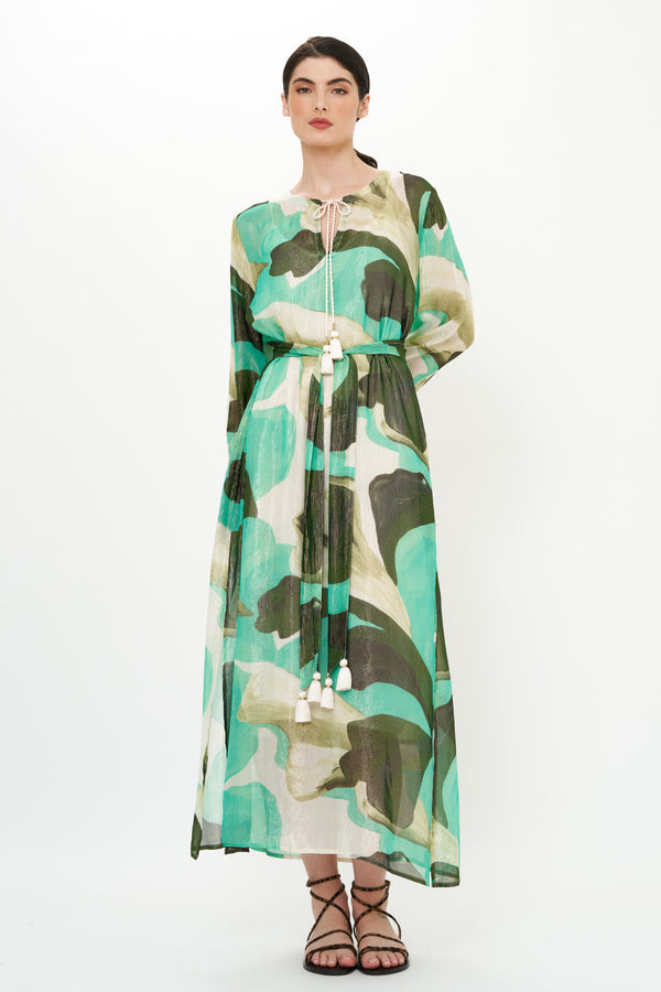 Belted Long Sleeve Shift Maxi- Ginkgo Green