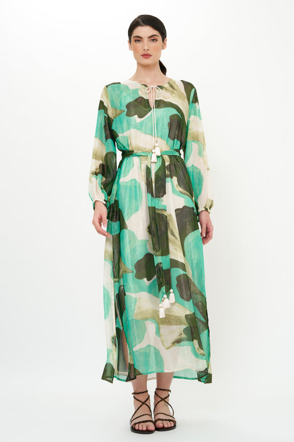 Belted Long Sleeve Shift Maxi- Ginkgo Green