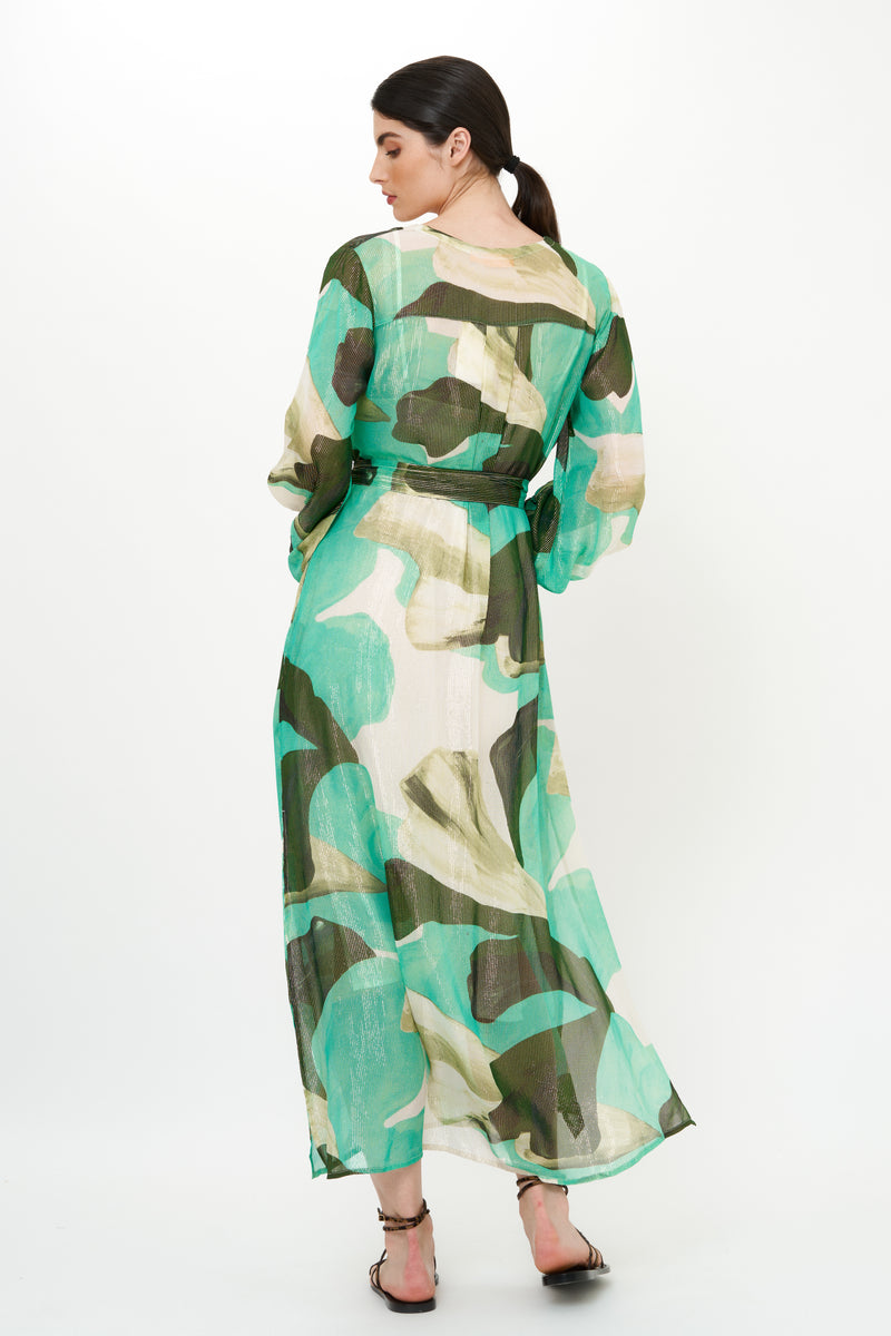 Belted Long Sleeve Shift Maxi- Ginkgo Green