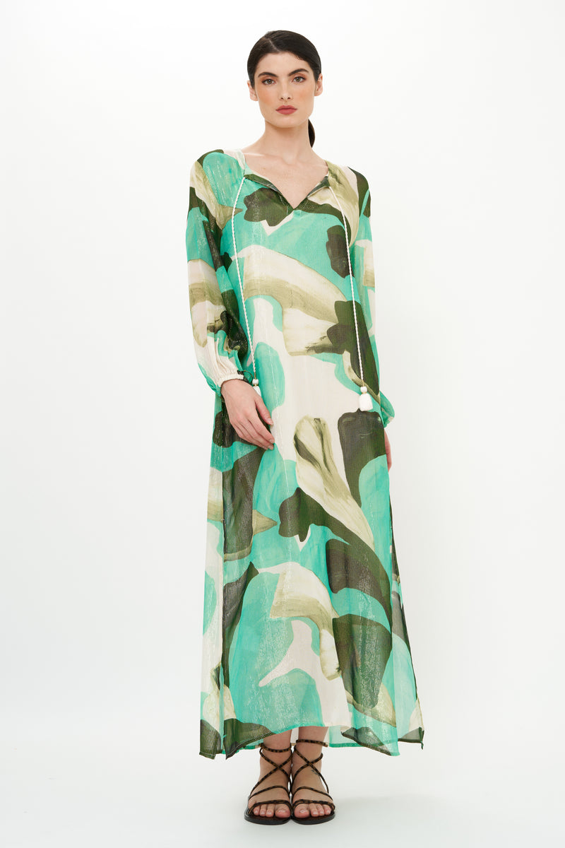 Belted Long Sleeve Shift Maxi- Ginkgo Green