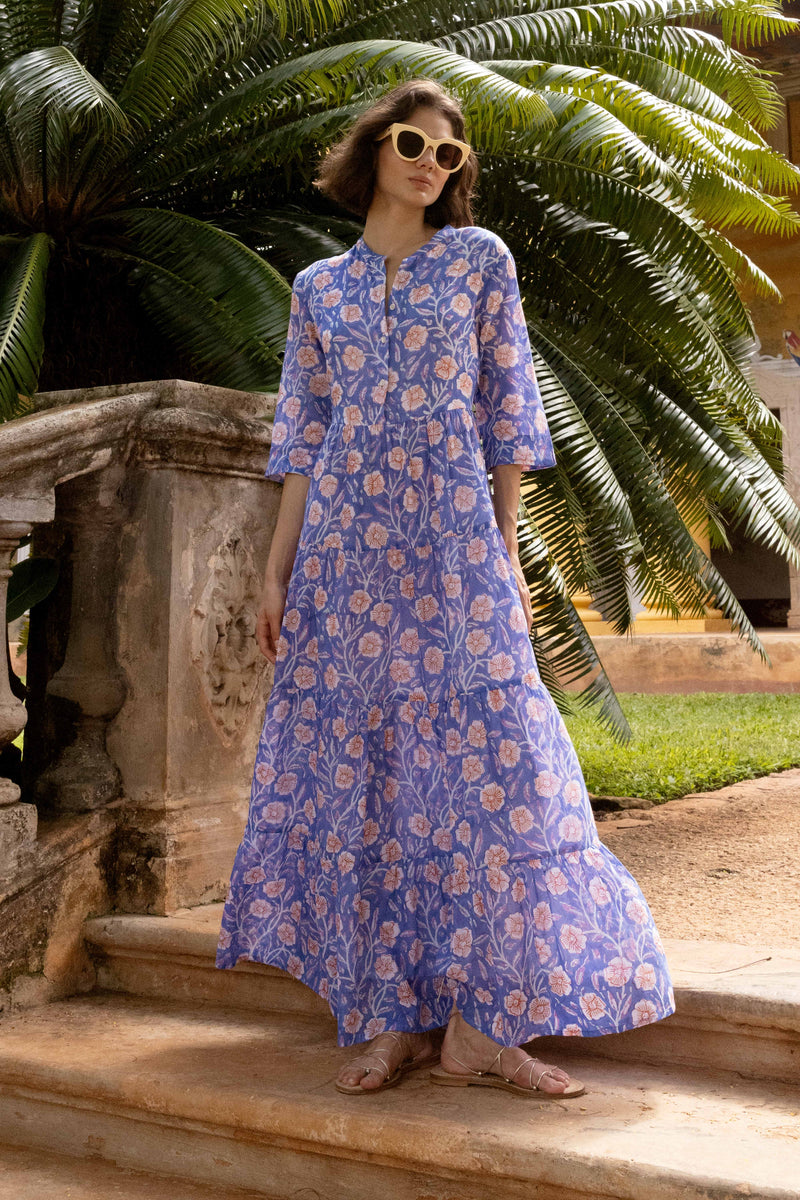 Button Neck 3/4 Sleeve Maxi- Amalfi Peri